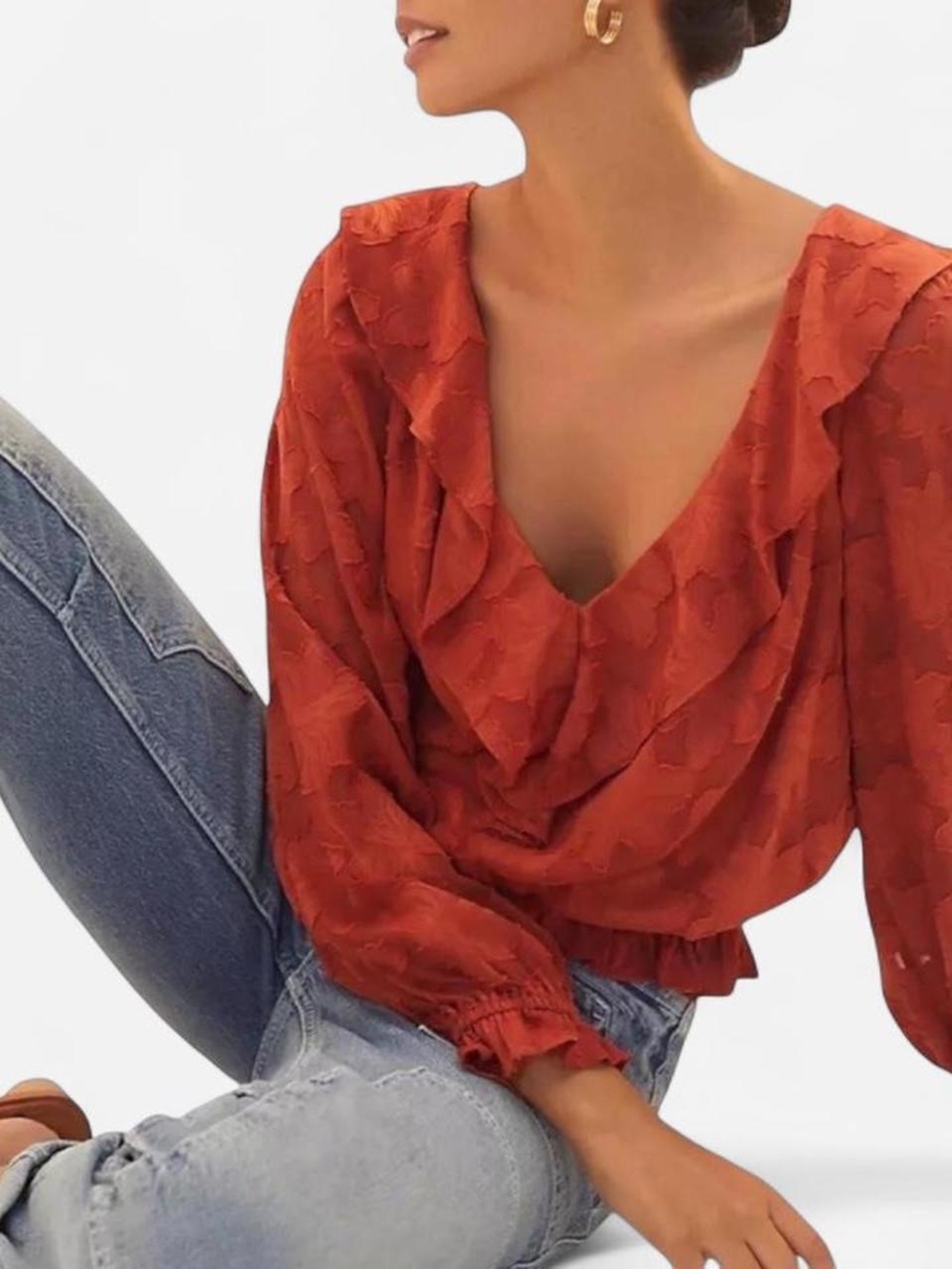 Anthropologie Rust Red Ruffle V-Neck Smocked Waist Blouse